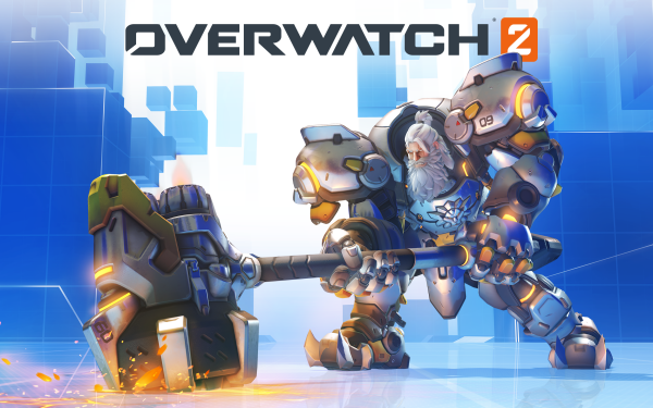 HD Overwatch 2 desktop wallpaper featuring the character Reinhardt in dynamic battle pose against a stylized blue background.