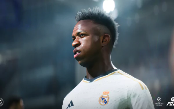 EA SPORTS FC 24 HD desktop wallpaper featuring a virtual football player in Real Madrid kit.