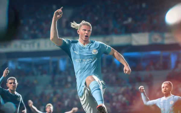 EA SPORTS FC 24 HD Desktop Wallpaper featuring a dynamic football player mid-action on the pitch with a crowd in the background.