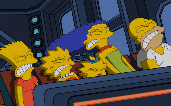 HD wallpaper of The Simpsons characters riding in a rollercoaster with expressions of excitement and fear.