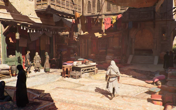 HD wallpaper of Assassin's Creed Mirage featuring a character in a bustling market scene from the game.