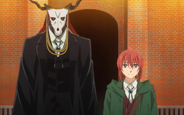 HD wallpaper featuring Chise Hatori and Elias Ainsworth from The Ancient Magus' Bride anime standing together with a brick wall background.