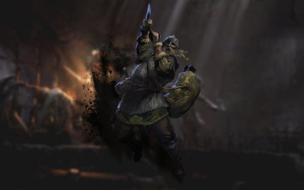HD desktop wallpaper featuring a barbarian warrior from Dark and Darker game, illustrated in dynamic combat stance with a dark atmospheric background.
