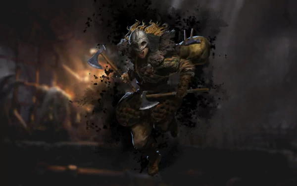 HD desktop wallpaper of a barbarian character from the video game Dark and Darker, depicted charging into battle amidst explosive dark debris.