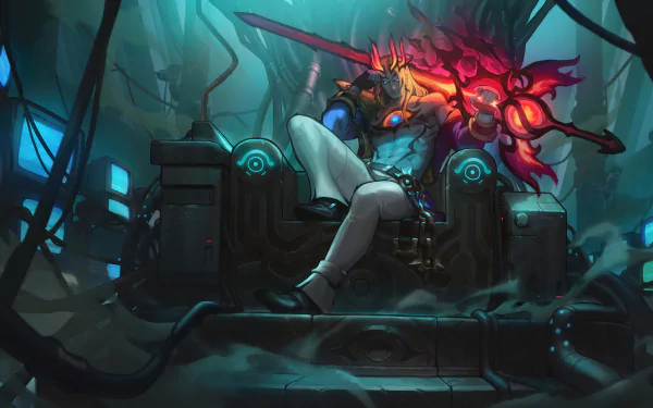 HD desktop wallpaper featuring Viego from League of Legends and Legends of Runeterra, depicted sitting on a throne surrounded by mystical energies and ruins.