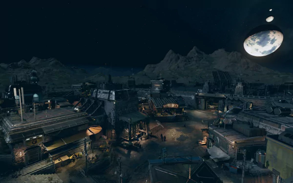 A stunning HD desktop wallpaper from the video game Starfield, showcasing a futuristic settlement under a starry sky and a large celestial body in the background.