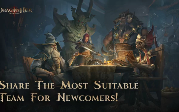 Dragonheir: Silent Gods HD wallpaper featuring fantasy characters strategizing around a map, with text 'Share The Most Suitable Team For Newcomers!'