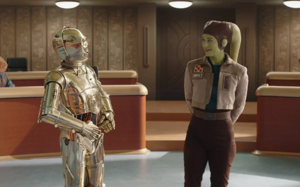 HD wallpaper featuring Hera Syndulla and C-3PO from the TV show Ahsoka (2023), showcasing their dynamic in a futuristic setting.