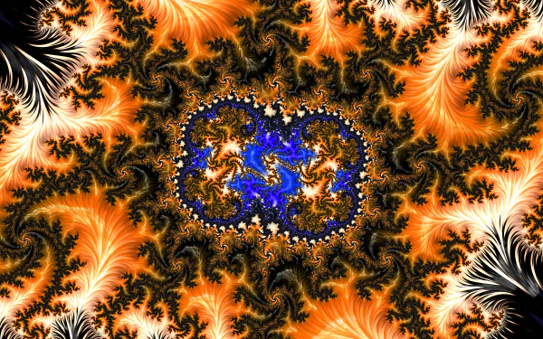 8K Ultra HD PC desktop wallpaper: artistic orange and black abstract fractal with fiery feathered swirls and a vivid blue central nebula.