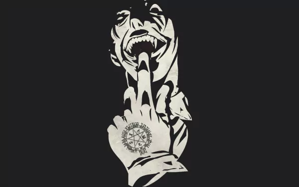 HD desktop wallpaper featuring a stark, artistic representation of Alucard from the anime Hellsing, with a detailed white graphic on a black background.
