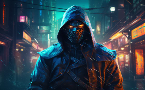 HD desktop wallpaper of a cyberpunk ninja warrior standing in a neon-lit futuristic cityscape, embodying a blend of fantasy and warrior themes.