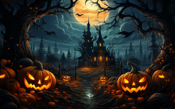Spooky Halloween themed HD desktop wallpaper featuring carved pumpkin lanterns and a haunted house silhouette under a full moon.