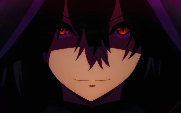 Close-up of Cid Kagenou from The Eminence in Shadow anime, featuring intense red eyes and dark hair in a 4K Ultra HD PC desktop wallpaper style.