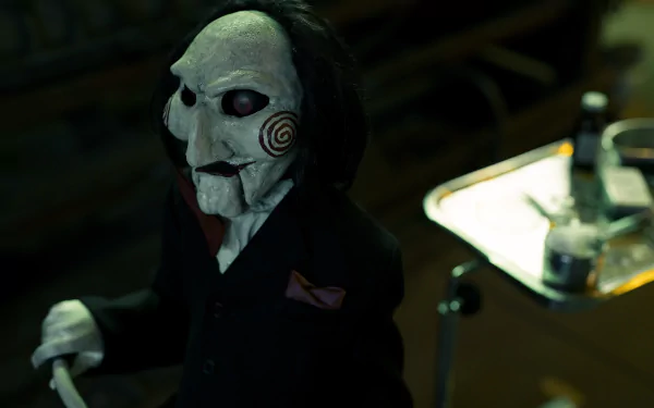 Saw X themed HD desktop wallpaper featuring iconic puppet character in a dark setting for horror movie fans.