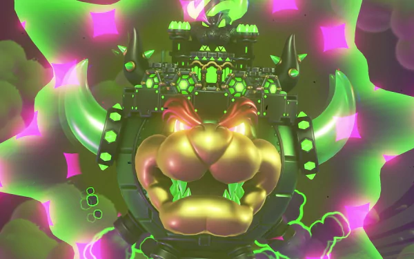 HD Super Mario Bros. desktop wallpaper featuring an intricate and whimsical Bowser-themed design with vivid colors and dynamic lighting.