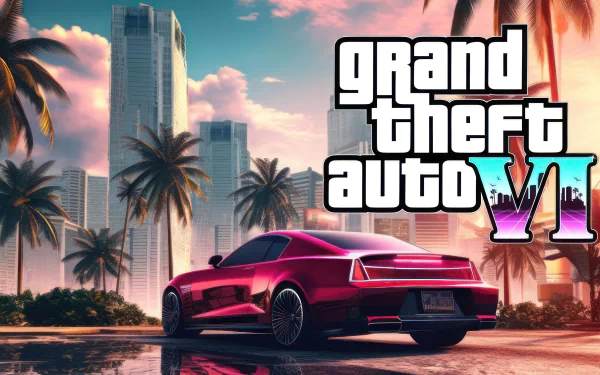 HD desktop wallpaper for Grand Theft Auto VI featuring a stylish red car against a vibrant cityscape with palm trees and skyscrapers under a sunset sky.