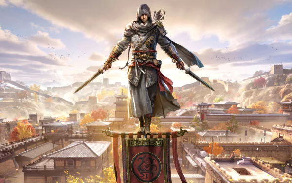 HD wallpaper of Assassin's Creed Jade featuring a character standing heroically atop a pillar with ancient Chinese architecture in the background.