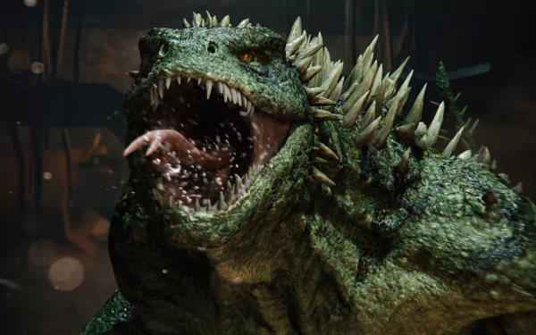 A dramatic close-up of a fierce, spiky creature from Marvel's Spider-Man 2, showcasing intricate details and vibrant textures, set against a dark, atmospheric background. HD desktop wallpaper.