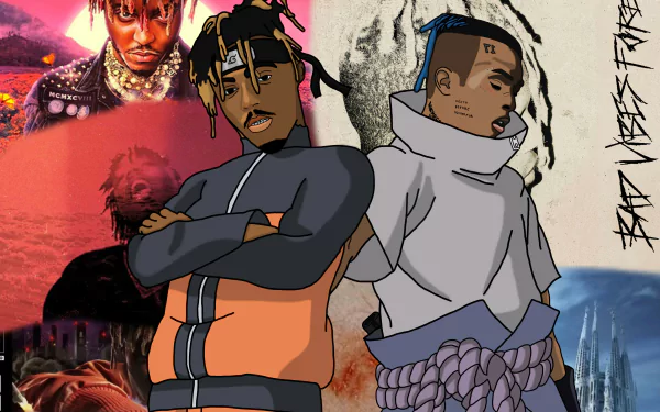 HD desktop wallpaper featuring Juice Wrld and XXXTentacion. Vibrant music-themed design adds an artistic touch to your screen.