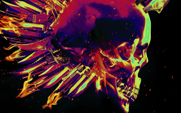 Vibrant HD desktop wallpaper featuring an artistic rendition of a skull with fiery accents tagged as Expend4bles.