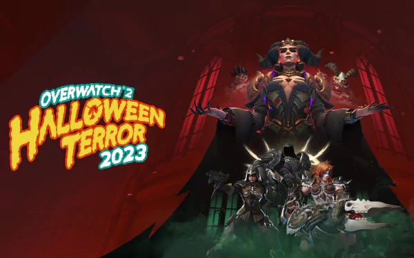 HD desktop wallpaper and background for Overwatch 2, featuring a Halloween Terror 2023 theme with a central character in a dramatic pose and themed elements.