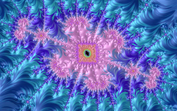 Trippy psychedelic trance fractal in blue and purple: an 8K Ultra HD PC desktop wallpaper of swirling abstract feathered patterns and a central blooming fractal.
