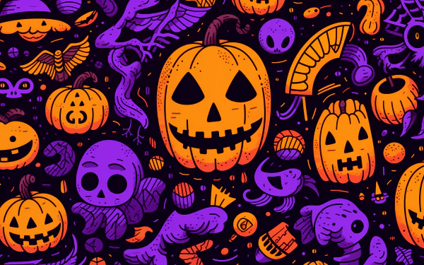 HD desktop wallpaper featuring a vibrant Halloween theme with pumpkin heads, skulls, and candies in a playful, detailed pattern on a dark background.