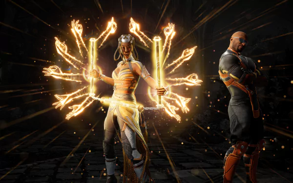 HD desktop wallpaper featuring Tanya from Mortal Kombat with glowing powers in a dynamic pose alongside another character in a darkened arena setting.