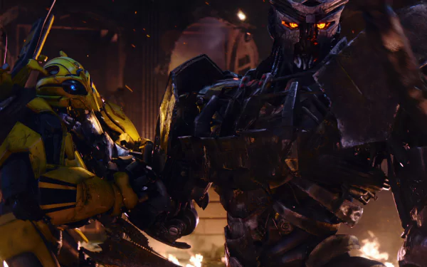 HD wallpaper from Transformers: Rise of the Beasts, featuring Bumblebee and an imposing robotic antagonist amidst fiery chaos.