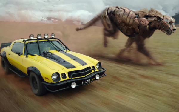 HD wallpaper from Transformers: Rise of the Beasts featuring a yellow car and a robotic beast in a dynamic chase.