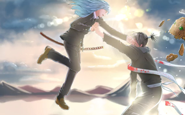 HD anime wallpaper featuring Kasumi Miwa and Kokichi Muta from Jujutsu Kaisen, with a dynamic sky background and expressive, action-packed pose.