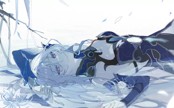 A serene HD wallpaper featuring Jingliu from Honkai: Star Rail, showcasing her ethereal beauty as she relaxes beside water and delicate flowers.