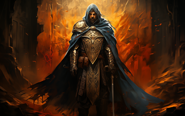 HD desktop wallpaper featuring an illustrated warrior with a cape standing in a fiery battlefield background.