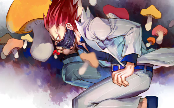 HD desktop wallpaper featuring En from Dorohedoro, surrounded by vibrant mushrooms and a colorful, abstract background.