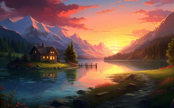 HD wallpaper of a cozy cabin at sunset with glowing windows, nestled by a serene lake with mountains in the background, perfect for a desktop background.