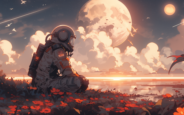 HD wallpaper of an astronaut sitting amidst a field of red flowers with a vivid moon in the backdrop, perfect for desktop backgrounds.