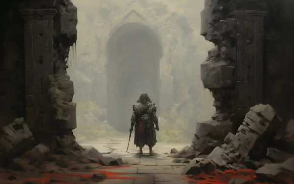 HD wallpaper featuring a warrior standing before the ruins of a castle with a grand arched entrance, embodying an epic medieval fantasy theme.