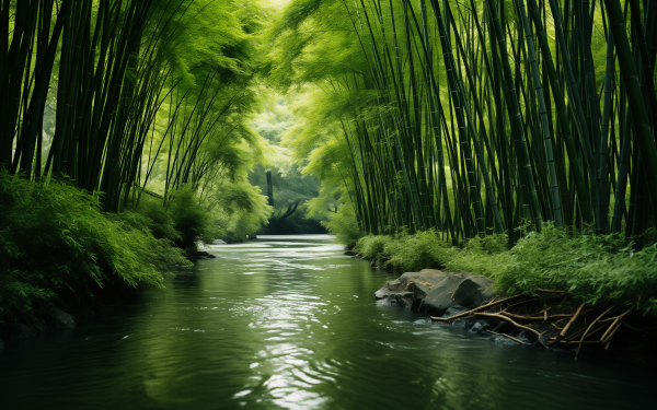 Tranquil bamboo forest river HD wallpaper, with lush green bamboo canopies arching over a serene river for a peaceful desktop background.