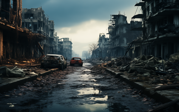 HD wallpaper of a war-torn cityscape showing destruction and abandoned vehicles, with a mood of desolation under a brooding sky.