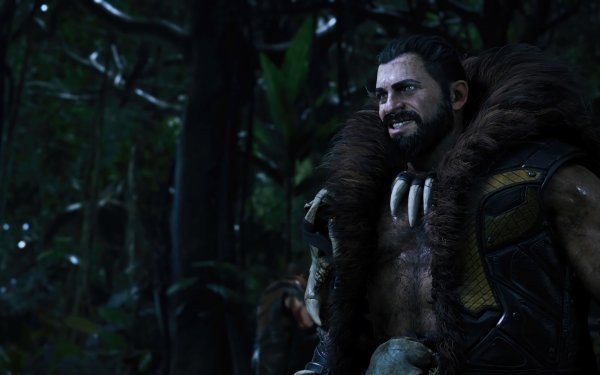 Kraven the Hunter from Marvel's Spider-Man 2 in a high-definition desktop wallpaper, featuring the character within a dark forest setting.