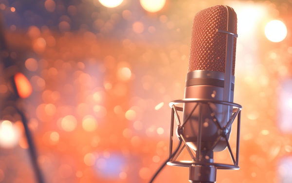 HD wallpaper of a studio microphone with a warm bokeh background perfect for desktop.