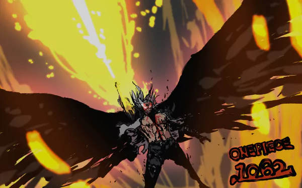 4K Ultra HD anime wallpaper featuring King from One Piece with dark wings spread wide amid fiery, intense background elements.