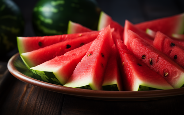 HD wallpaper of fresh watermelon slices on a plate with whole watermelons in the background, perfect for a refreshing desktop background.
