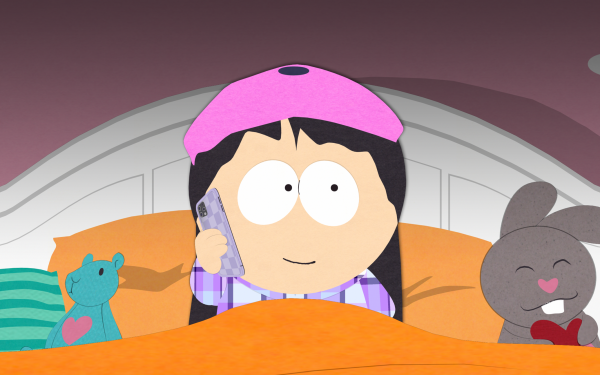 HD wallpaper featuring South Park character in bed with plush toys, ideal for desktop background.
