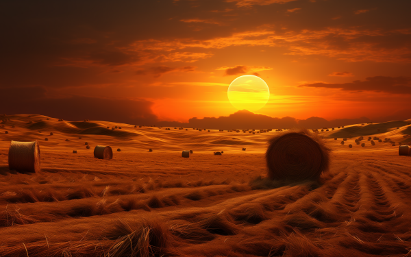 HD wallpaper of a wheat field at sunset, featuring golden hues and scattered bales of harvested wheat under a dramatic sky.