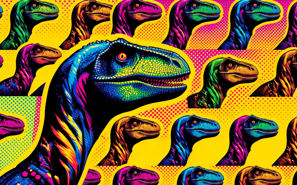 Colorful pop art style velociraptor dinosaur HD desktop wallpaper.