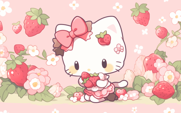 Hello Kitty with strawberries and flowers on a pink background for HD desktop wallpaper.