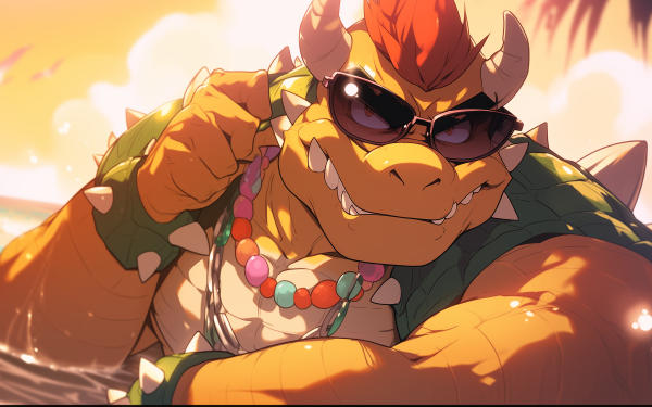 Stylish cartoon dragon character with sunglasses on tropical beach background for HD desktop wallpaper.