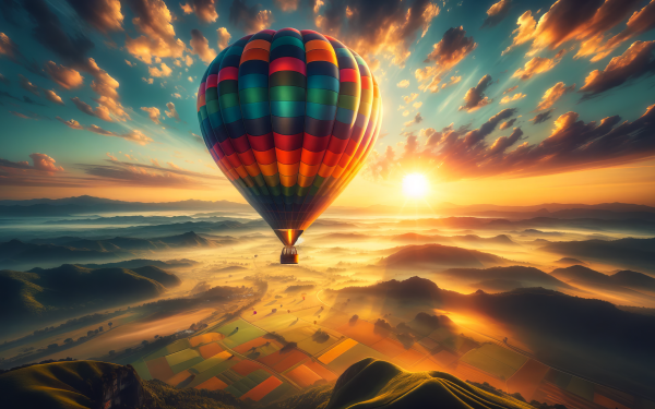 Hot air balloon soaring over patchwork fields at sunrise - HD desktop wallpaper.