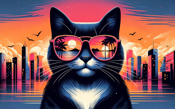HD desktop wallpaper featuring a stylish cat wearing sunglasses, with a reflective cityscape and sunset in the background.